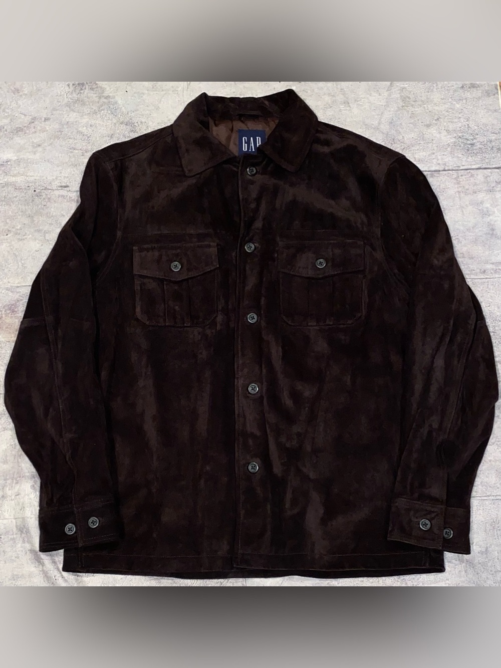 Vintage 90s Y2K GAP Chocolate Suede Leather Trucker Jacket Shacket Pocket Coat L
